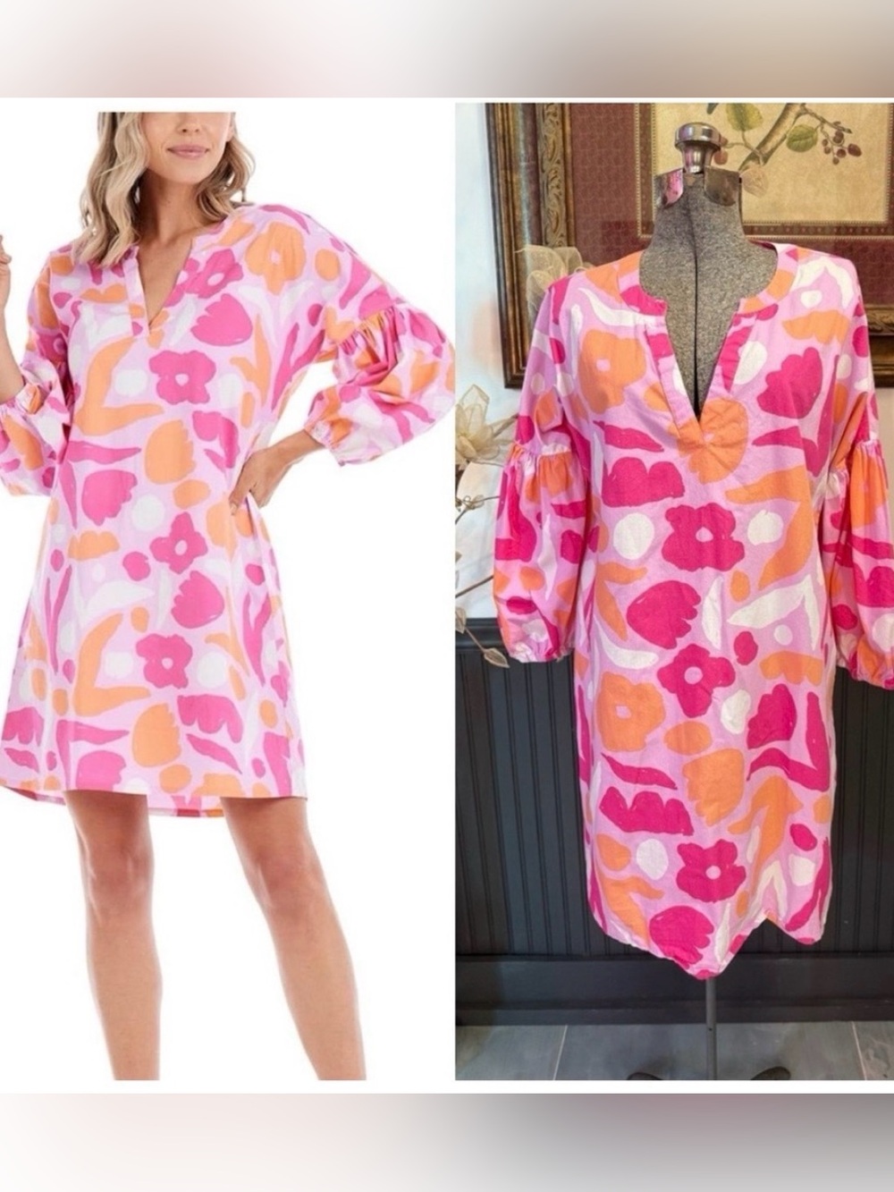 Floral 3/4 Sleeve Balloon Sleeve Mini Dress. Size Large
